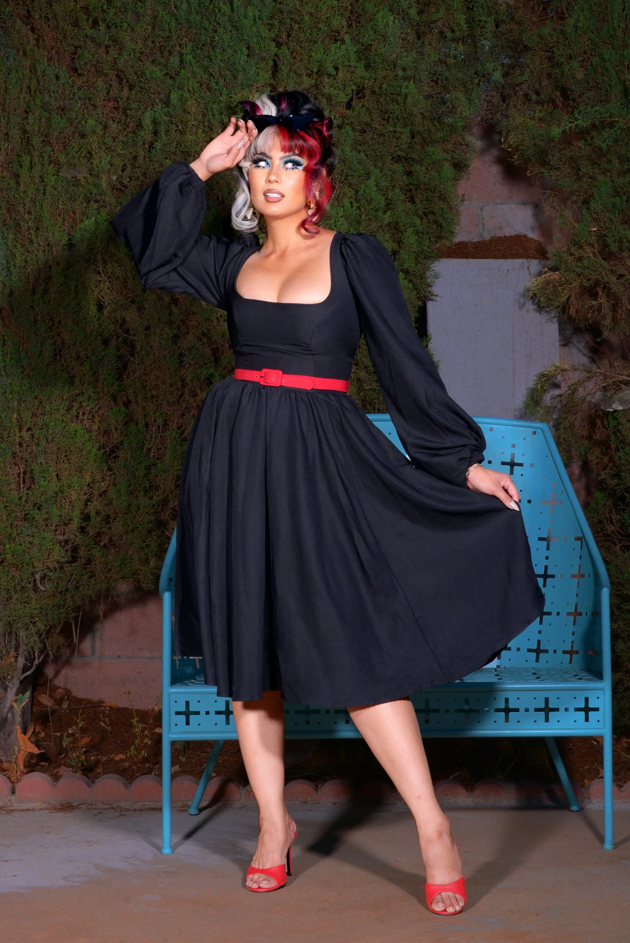 Amara Long Sleeved Swing Dress in Solid Black Crepe | Pinup Couture