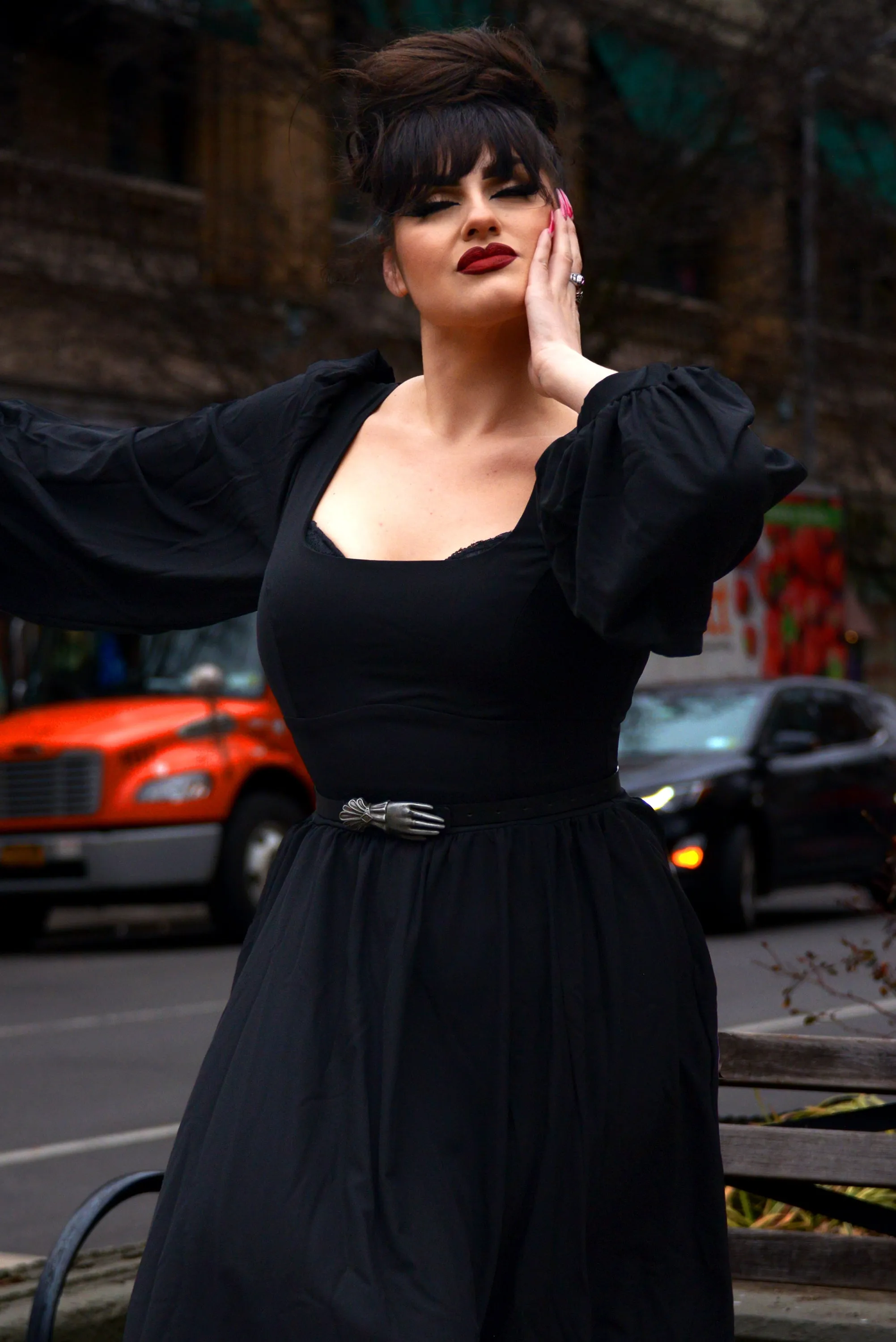 Amara Long Sleeved Swing Dress in Solid Black Crepe | Pinup Couture