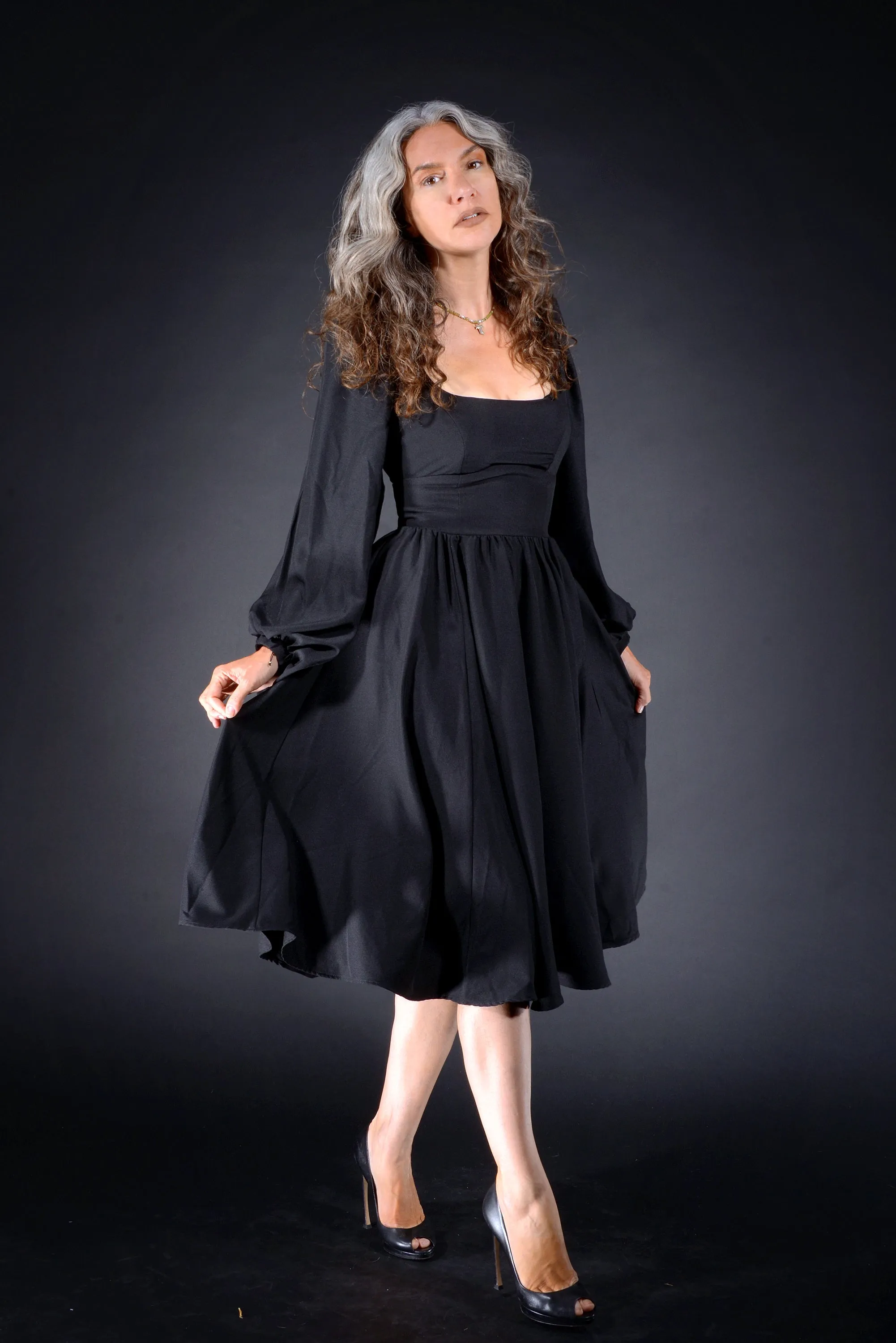 Amara Long Sleeved Swing Dress in Solid Black Crepe | Pinup Couture