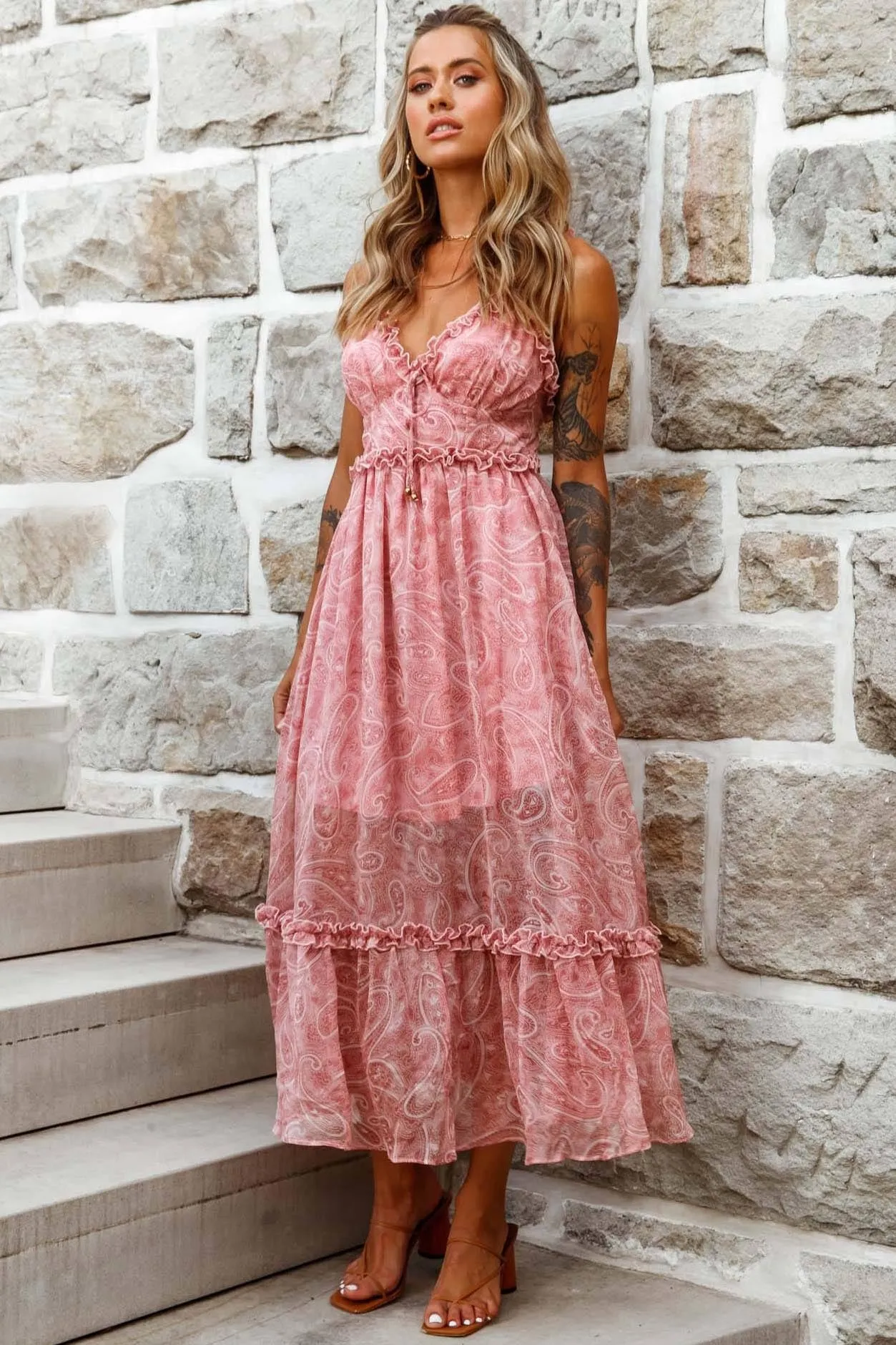 Anyah Frill Detail Tie Back Maxi Dress Paisley Print Pink