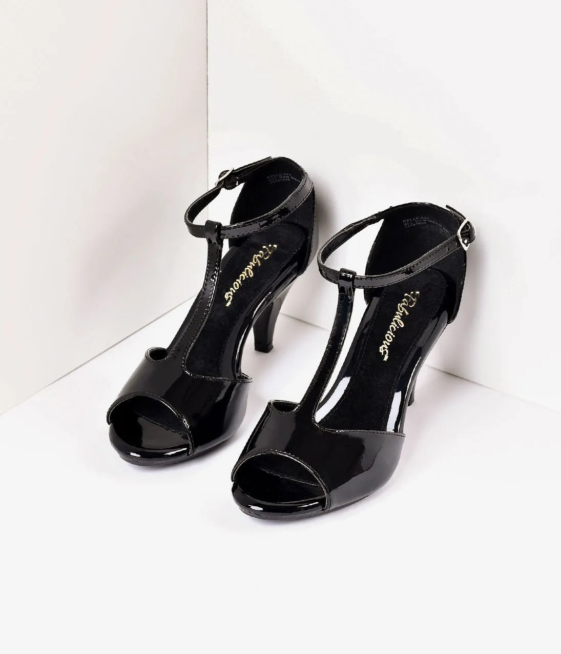 Black Patent Leatherette Peep Toe T-Strap Sandal Heels