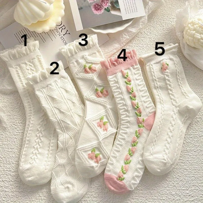 Charming Lace Textured Crew Socks for Women and Girls