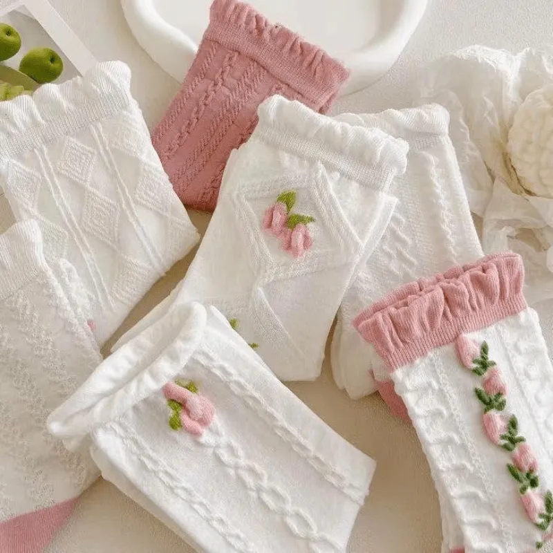 Charming Lace Textured Crew Socks for Women and Girls