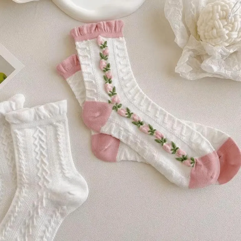 Charming Lace Textured Crew Socks for Women and Girls