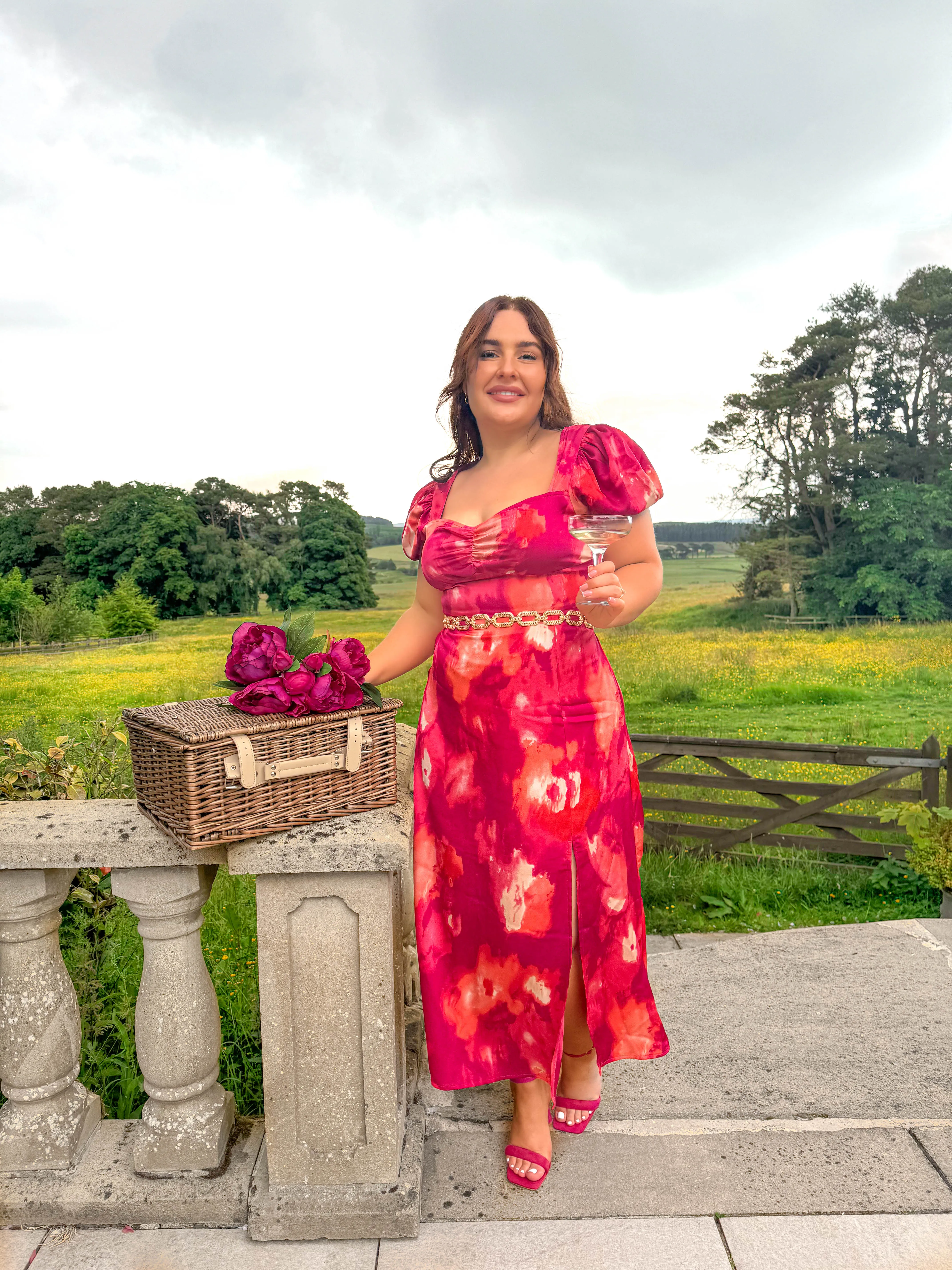 Floral Frenzy - Pink Orange Floral Print Midi Dress