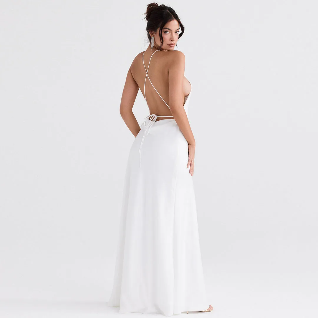 Glossy Satin High Split Sleeveless Backless Evening Maxi Dress - White