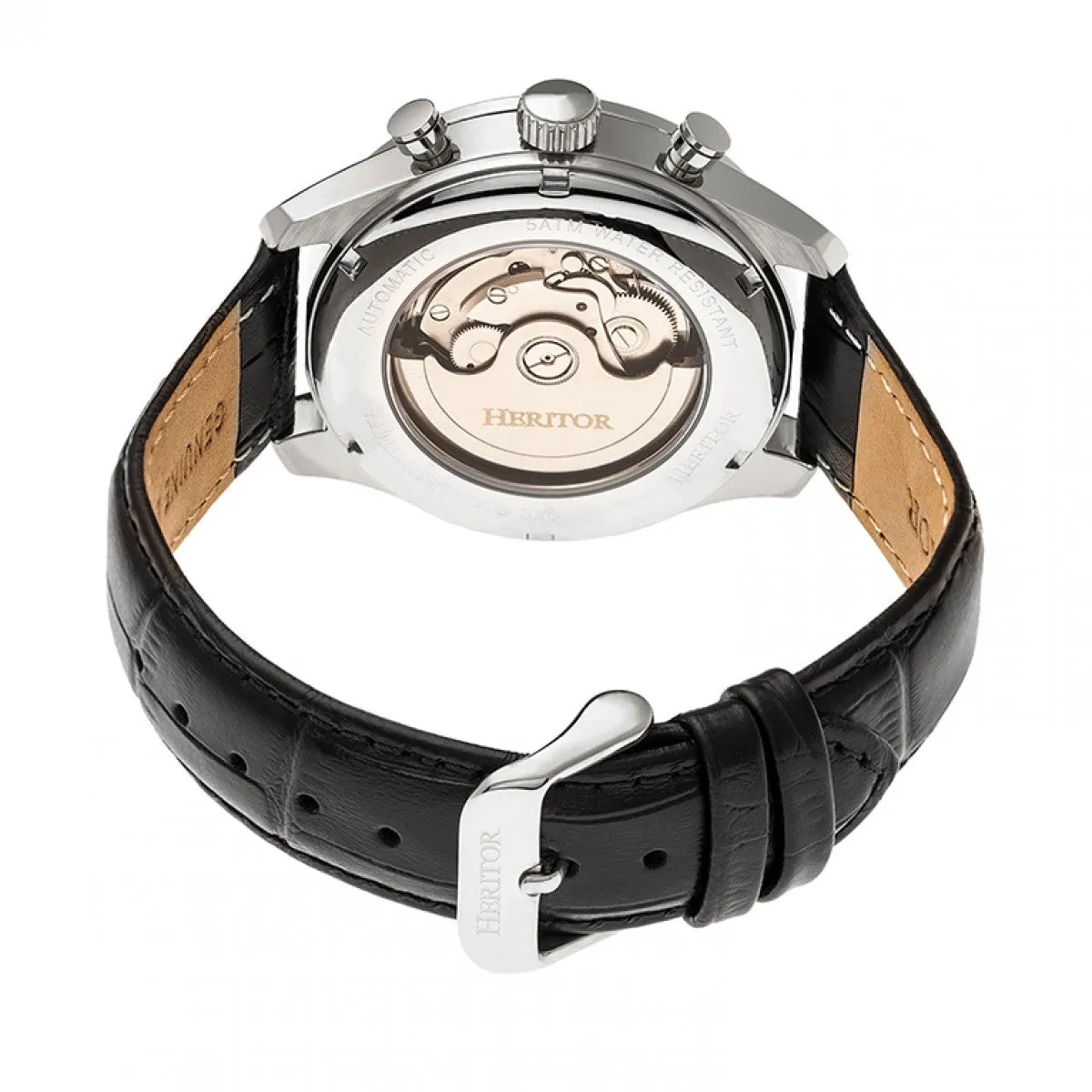 Heritor Automatic Benedict Leather-Band Watch w/ Day/Date - Silver/Black