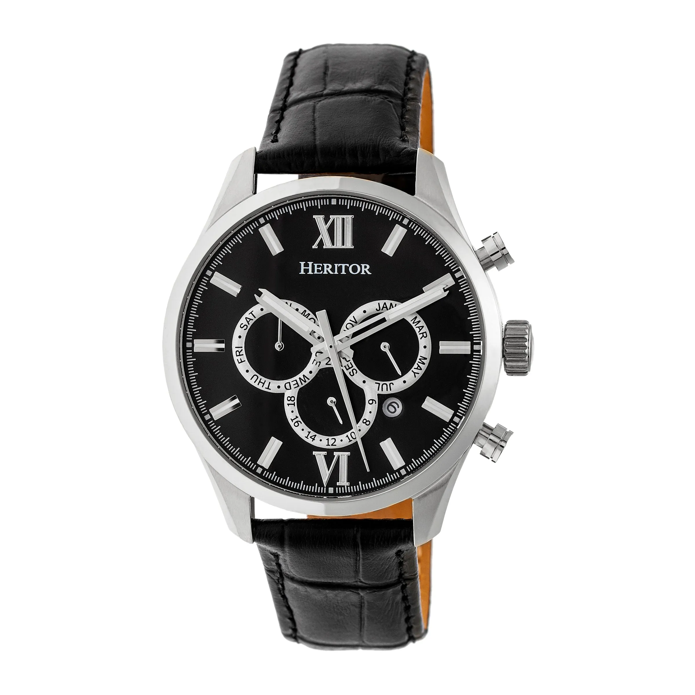 Heritor Automatic Benedict Leather-Band Watch w/ Day/Date - Silver/Black