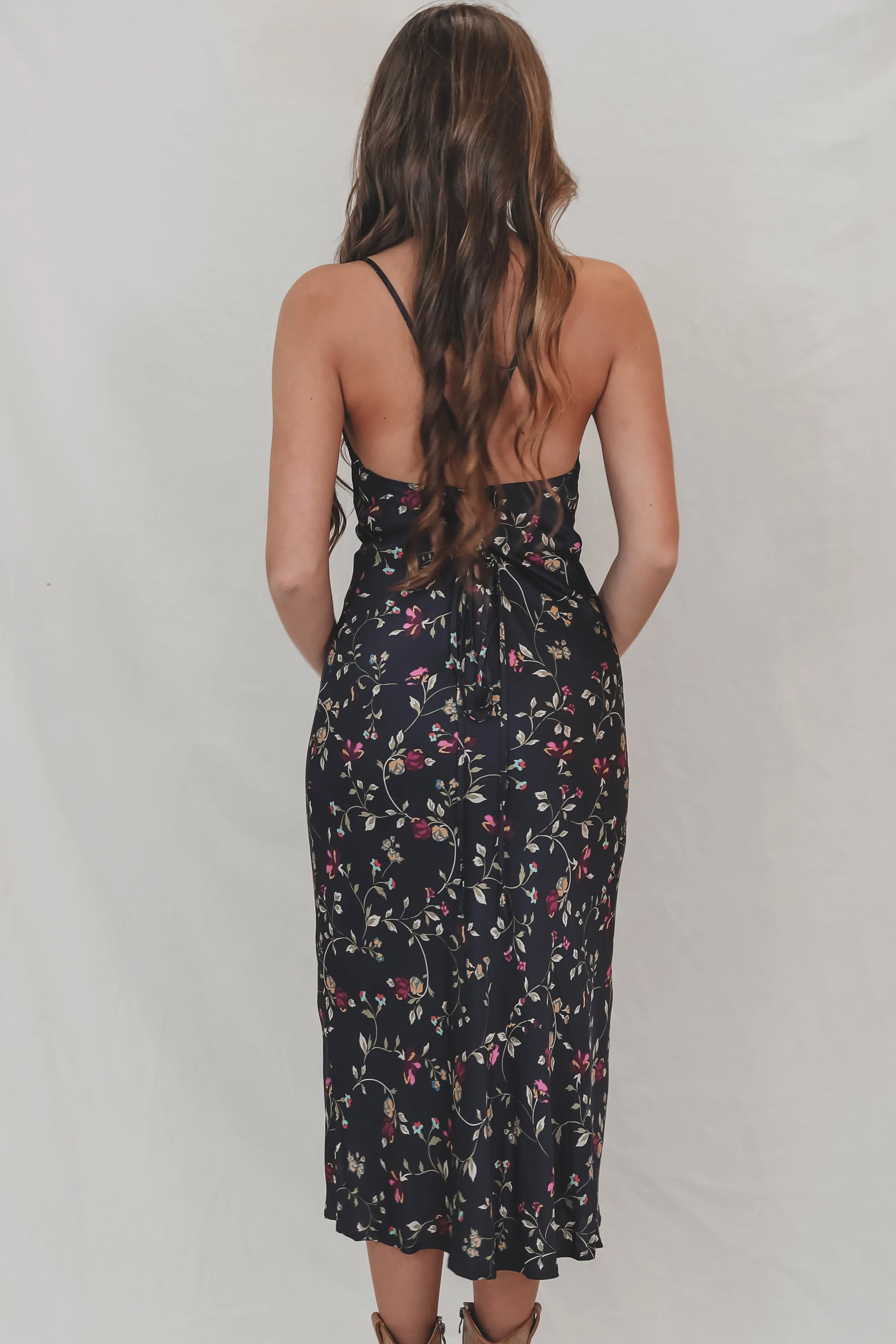 In Your Wildest Dream Navy Floral Satin Midi Dress