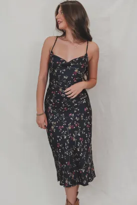 In Your Wildest Dream Navy Floral Satin Midi Dress