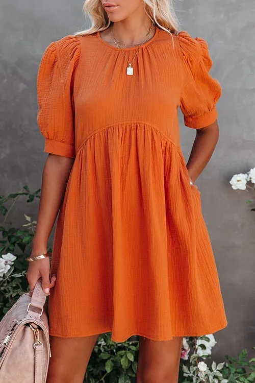 O Neck Puff Sleeve Swing Dress