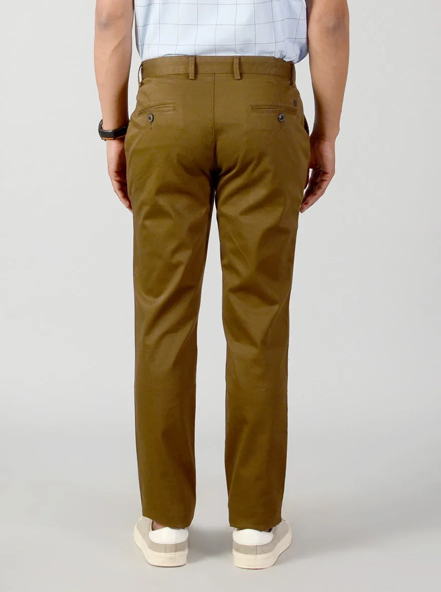 Olive Brown Self Textured Slim Fit Casual Trouser | JadeBlue