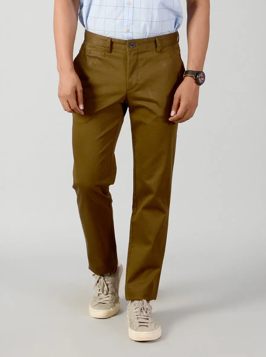 Olive Brown Self Textured Slim Fit Casual Trouser | JadeBlue