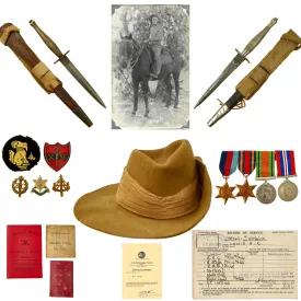 Original WWII British Chindit Long Range Penetration Group Grouping Attributed to L/Cpl Herbert Lowis with 1st & 2nd Pattern Fairbairn-Sykes Knives, Slouch Hat, Paperwork, Rare Burma Escape Map, Insignia