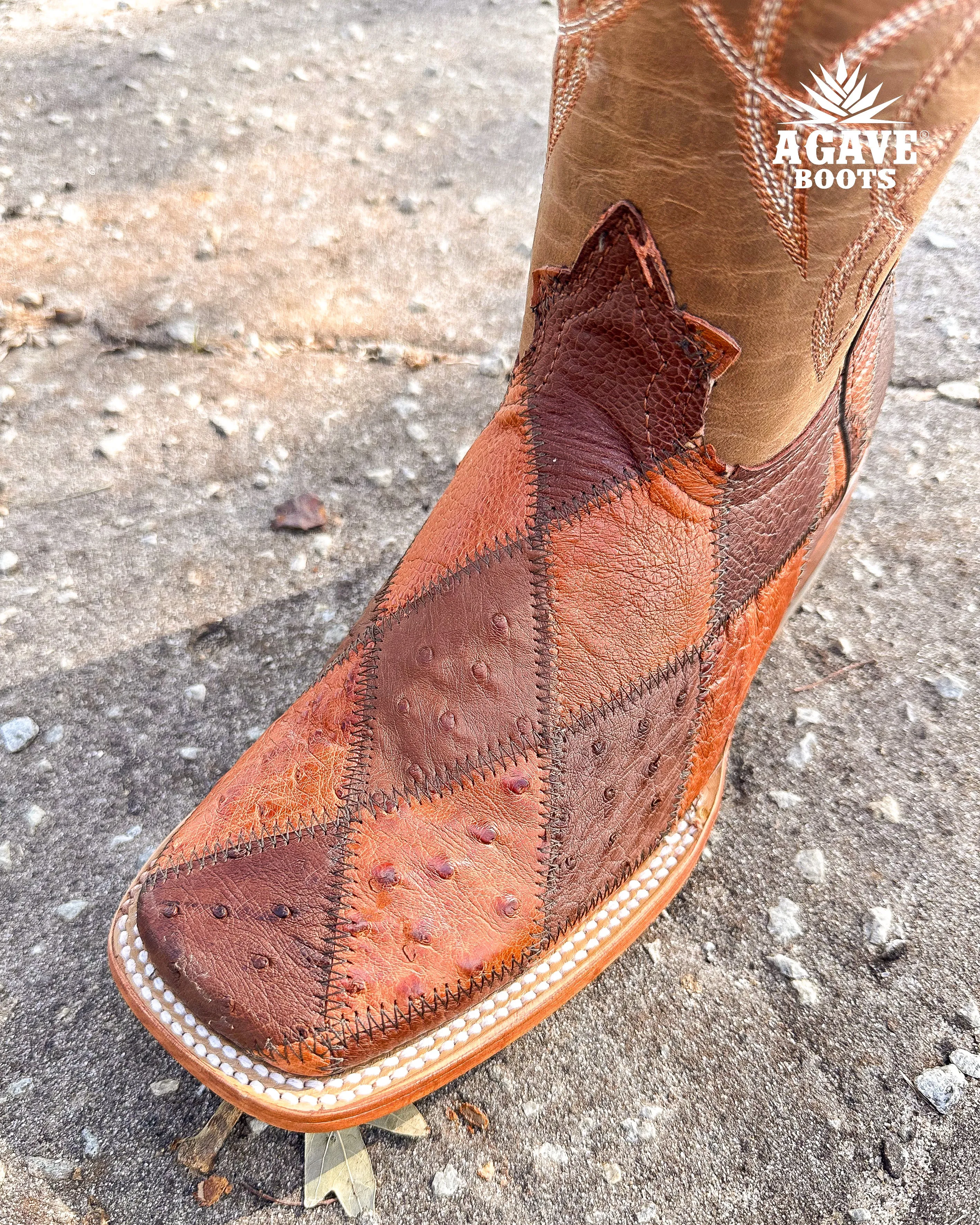 OSTRICH PATCHWORK BROWN | MEN SQUARE TOE WESTERN COWBOY BOOTS