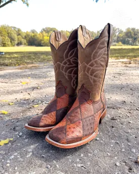 OSTRICH PATCHWORK BROWN | MEN SQUARE TOE WESTERN COWBOY BOOTS