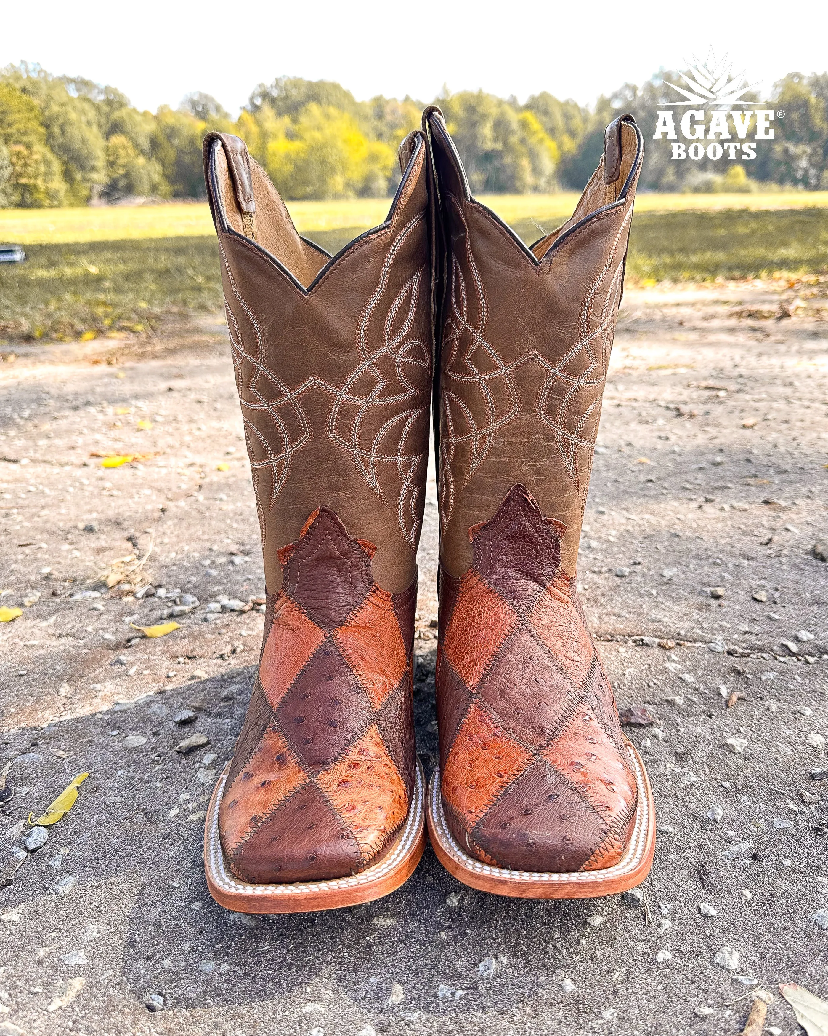 OSTRICH PATCHWORK BROWN | MEN SQUARE TOE WESTERN COWBOY BOOTS