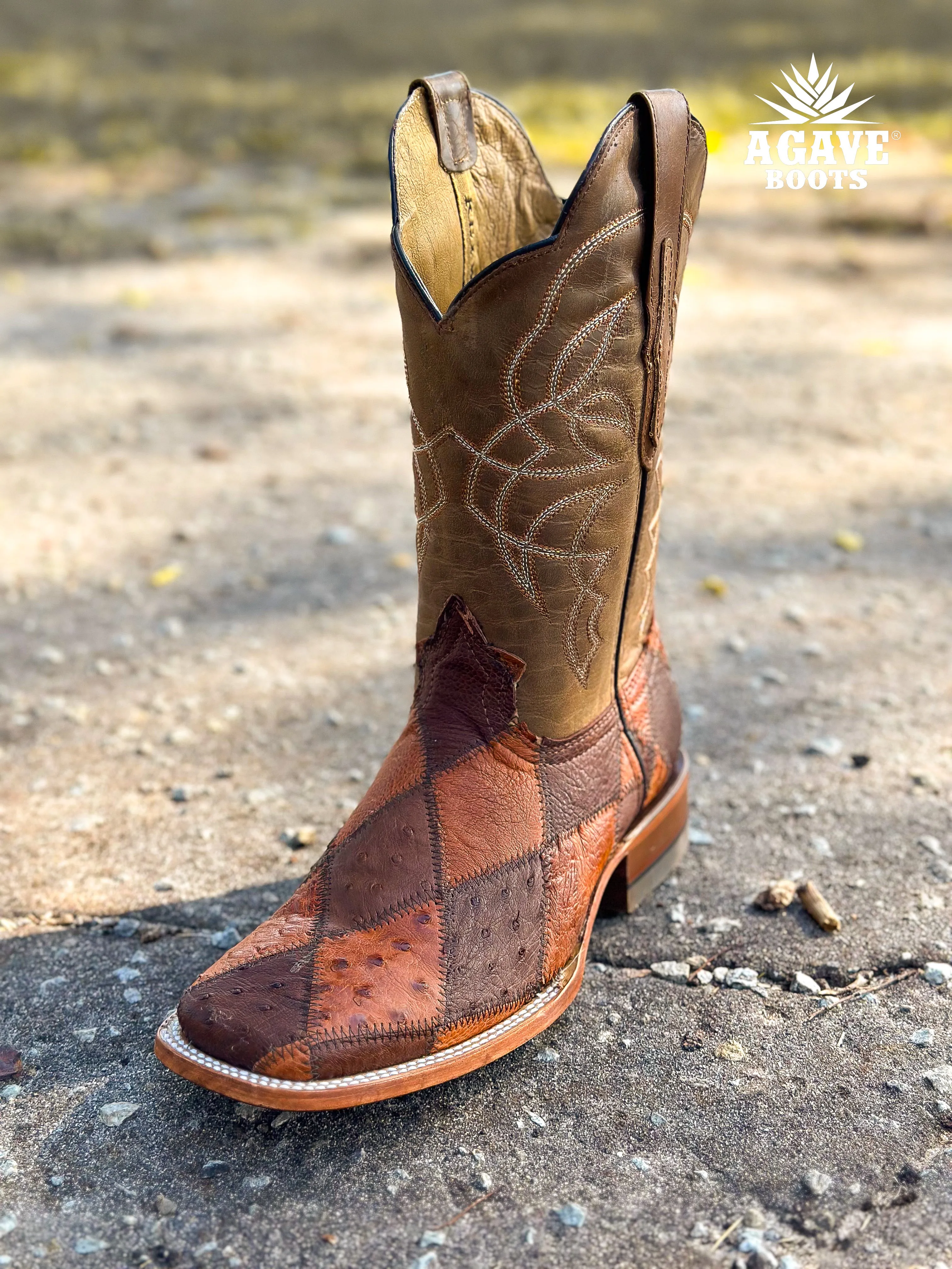 OSTRICH PATCHWORK BROWN | MEN SQUARE TOE WESTERN COWBOY BOOTS