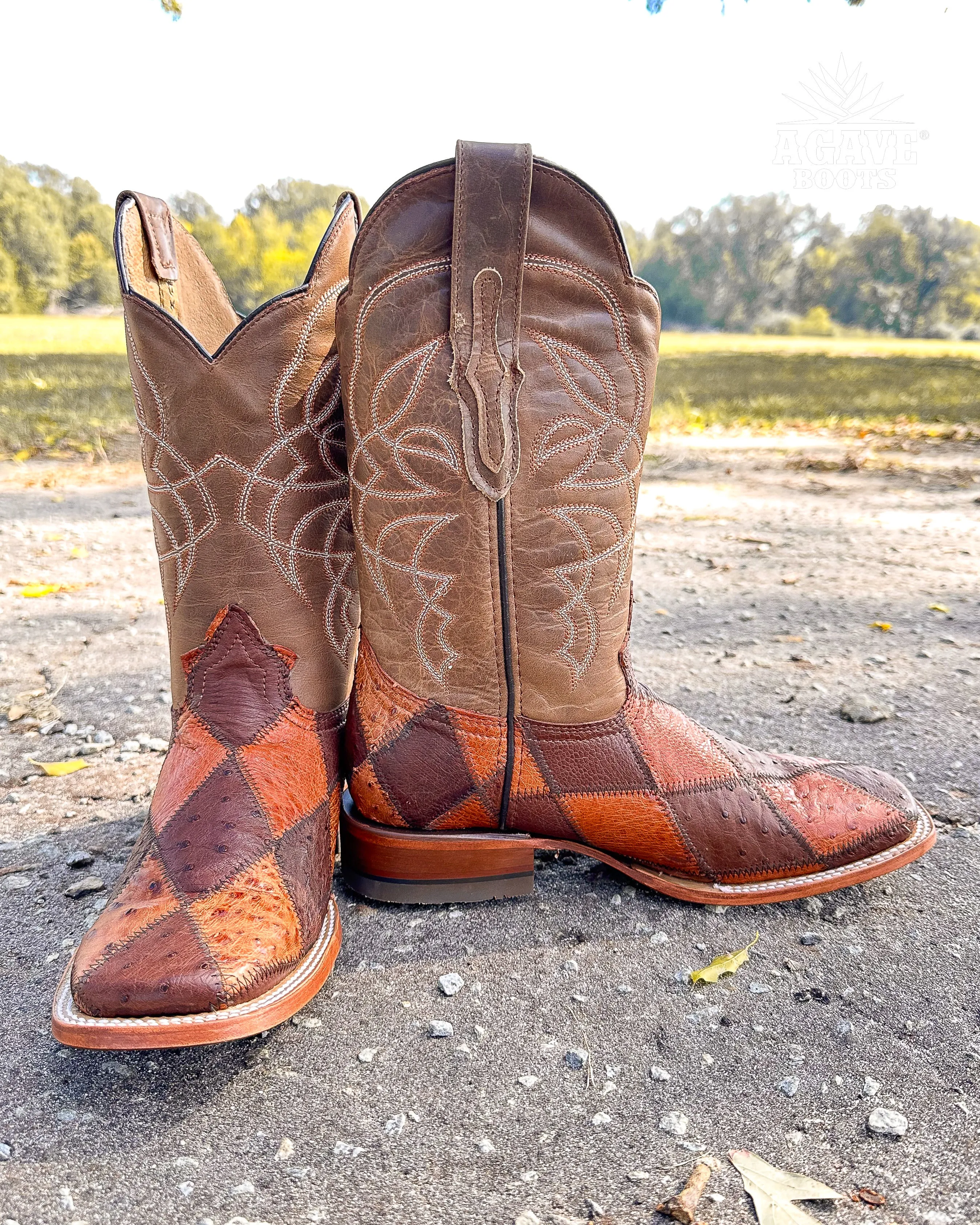 OSTRICH PATCHWORK BROWN | MEN SQUARE TOE WESTERN COWBOY BOOTS