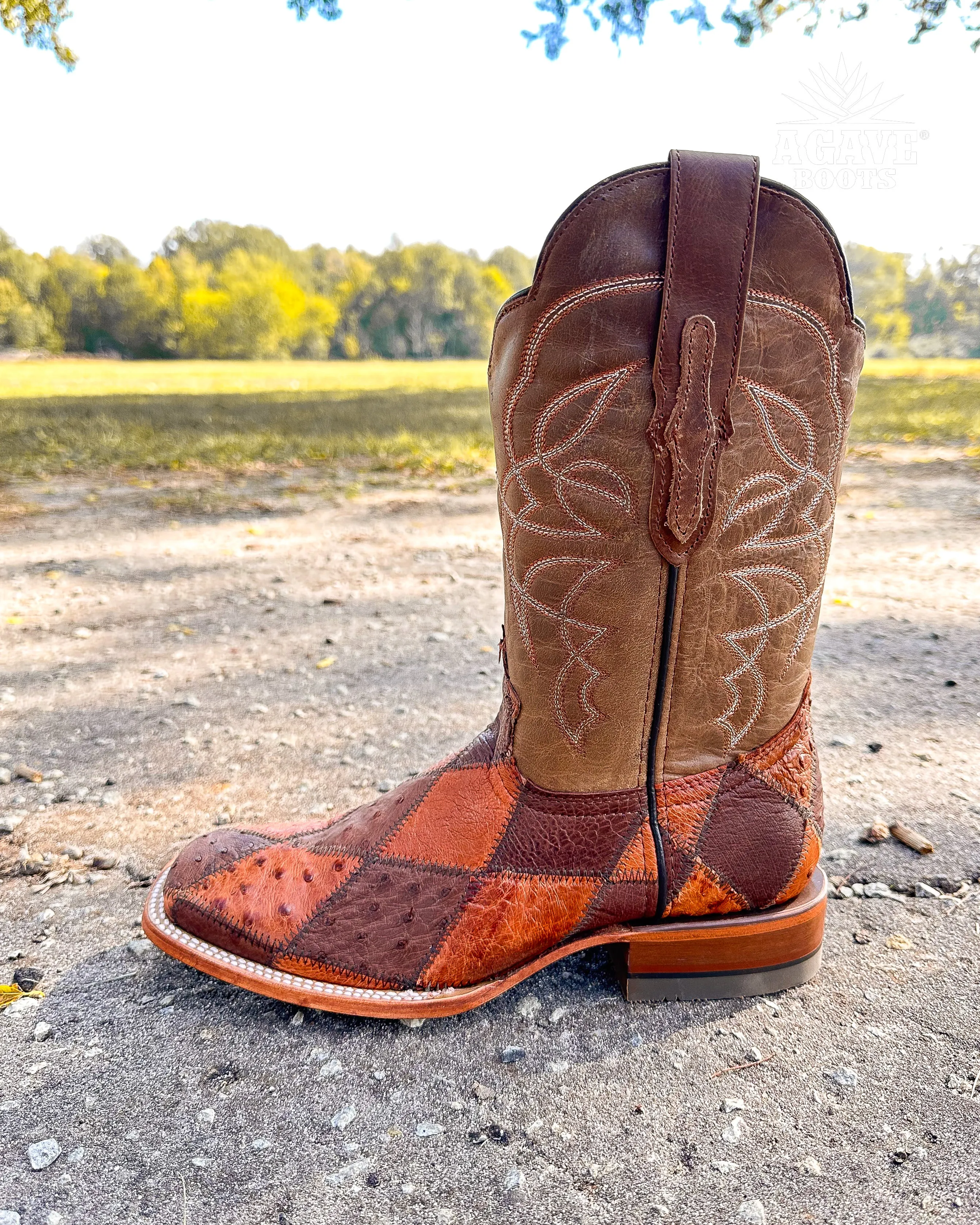 OSTRICH PATCHWORK BROWN | MEN SQUARE TOE WESTERN COWBOY BOOTS