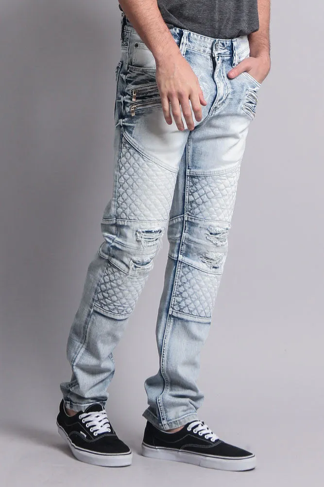 Quilted Ripped Washed Biker Jeans