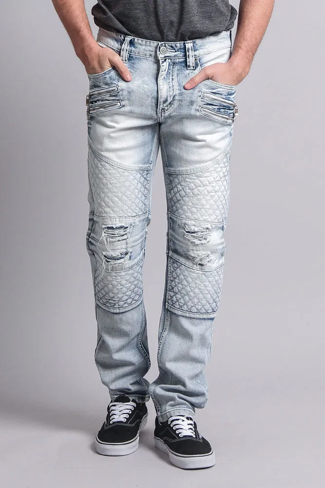 Quilted Ripped Washed Biker Jeans