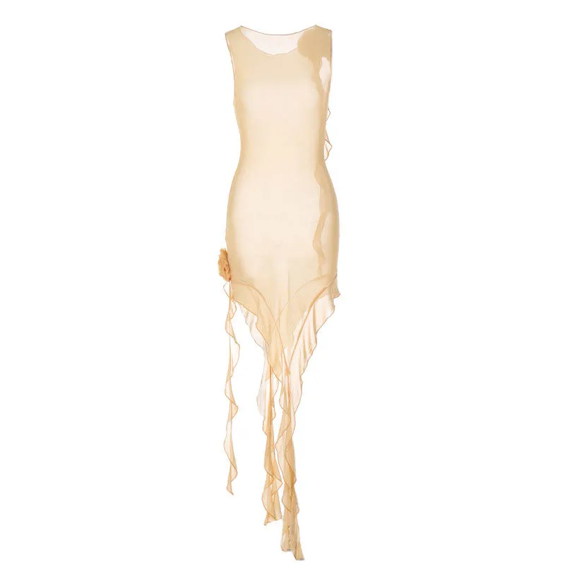 Sheer Mesh 3D Flower Ruffle Trim Sleeveless Club Dress - Apricot