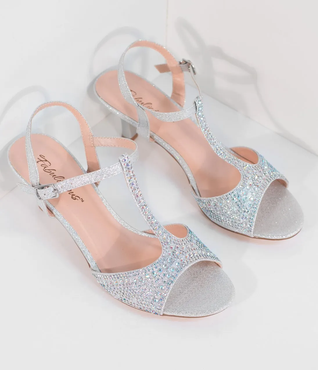 Shimmering Silver Rhinestone Peep Toe T-Strap Kitten Heels