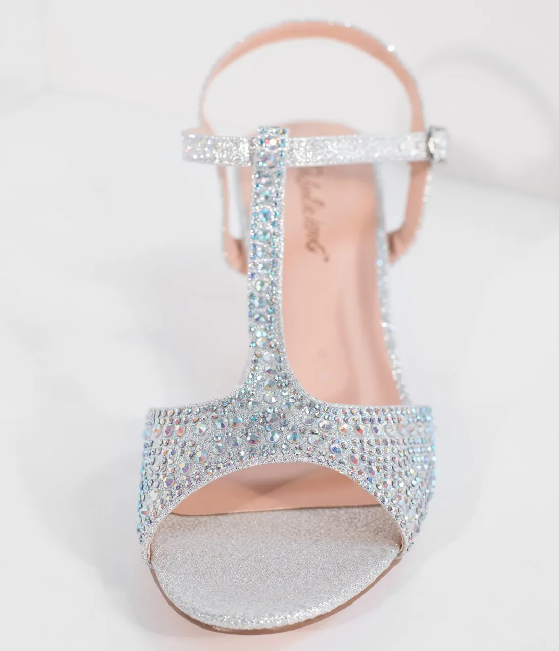 Shimmering Silver Rhinestone Peep Toe T-Strap Kitten Heels