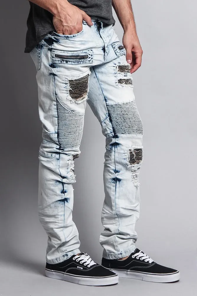 Stain Washed Contrast Patching Twill Biker Jeans