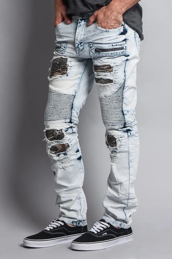 Stain Washed Contrast Patching Twill Biker Jeans