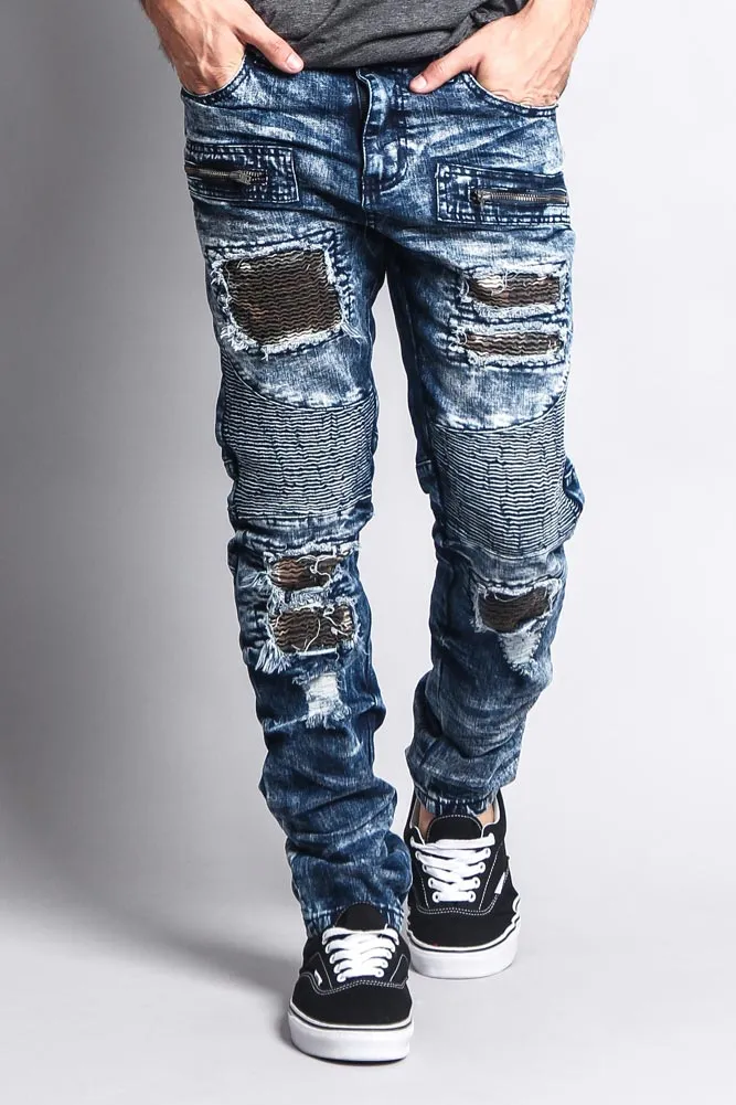 Stain Washed Contrast Patching Twill Biker Jeans