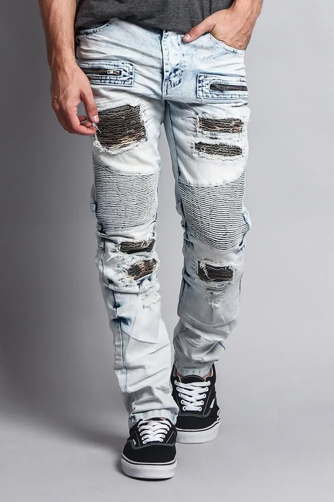 Stain Washed Contrast Patching Twill Biker Jeans