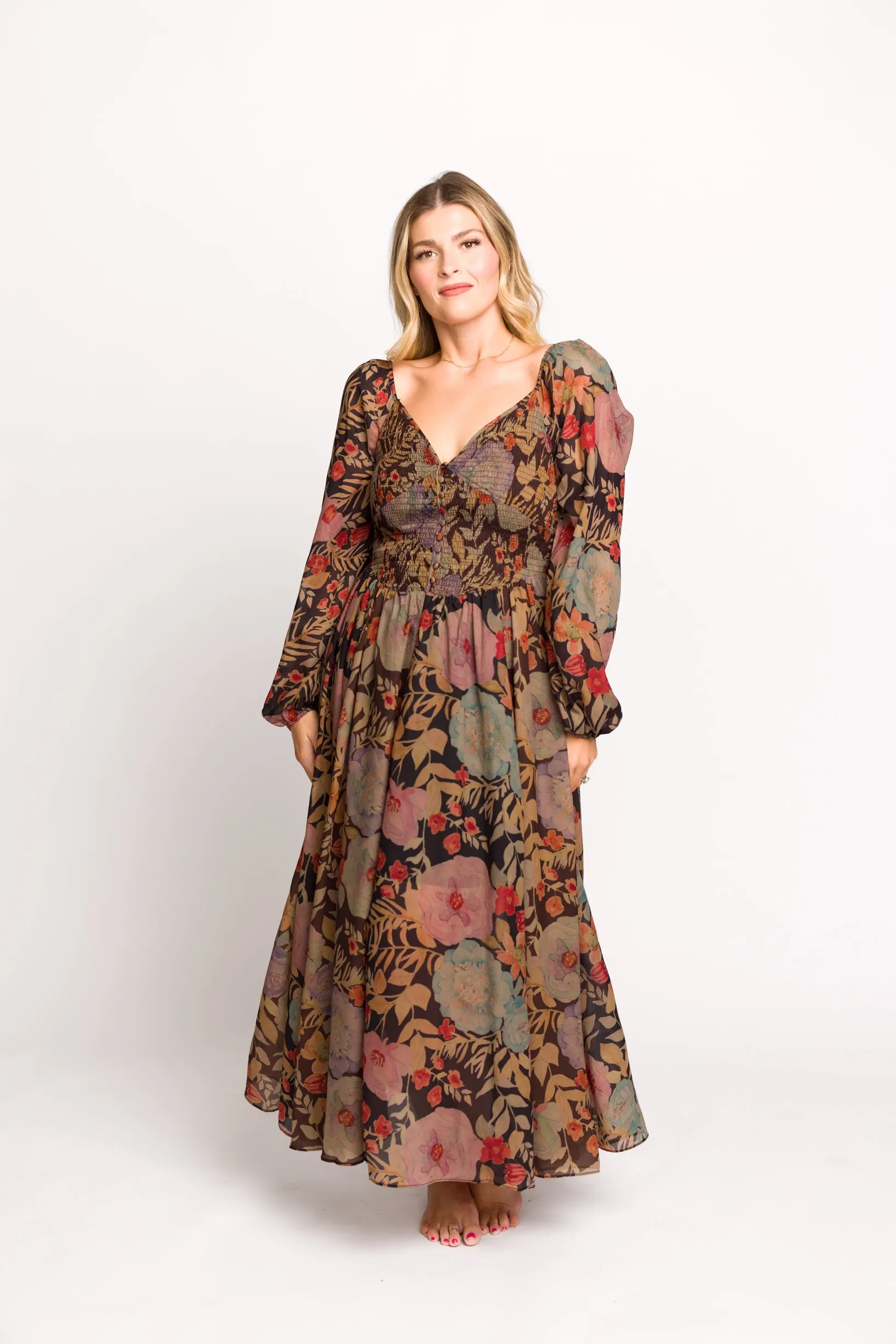 Steph Smocked Button-Front Maxi Dress in Black Floral - Final Few