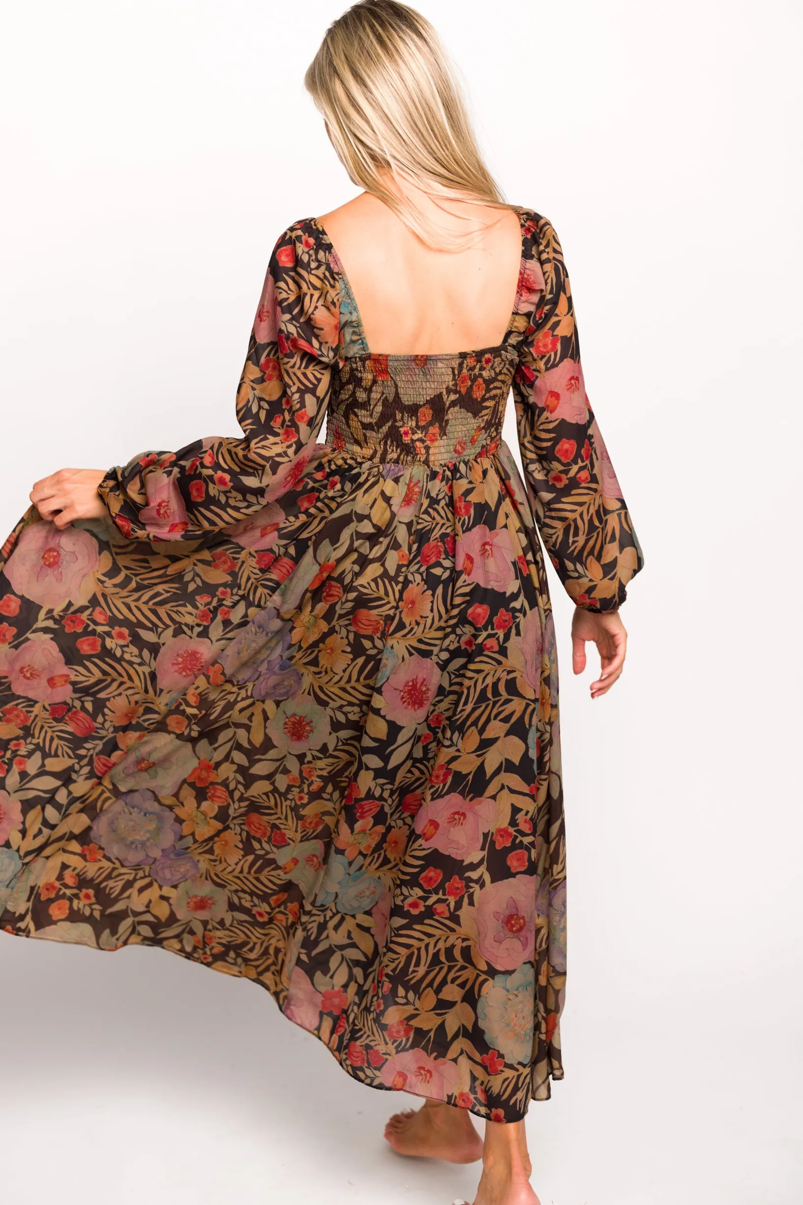 Steph Smocked Button-Front Maxi Dress in Black Floral - Final Few