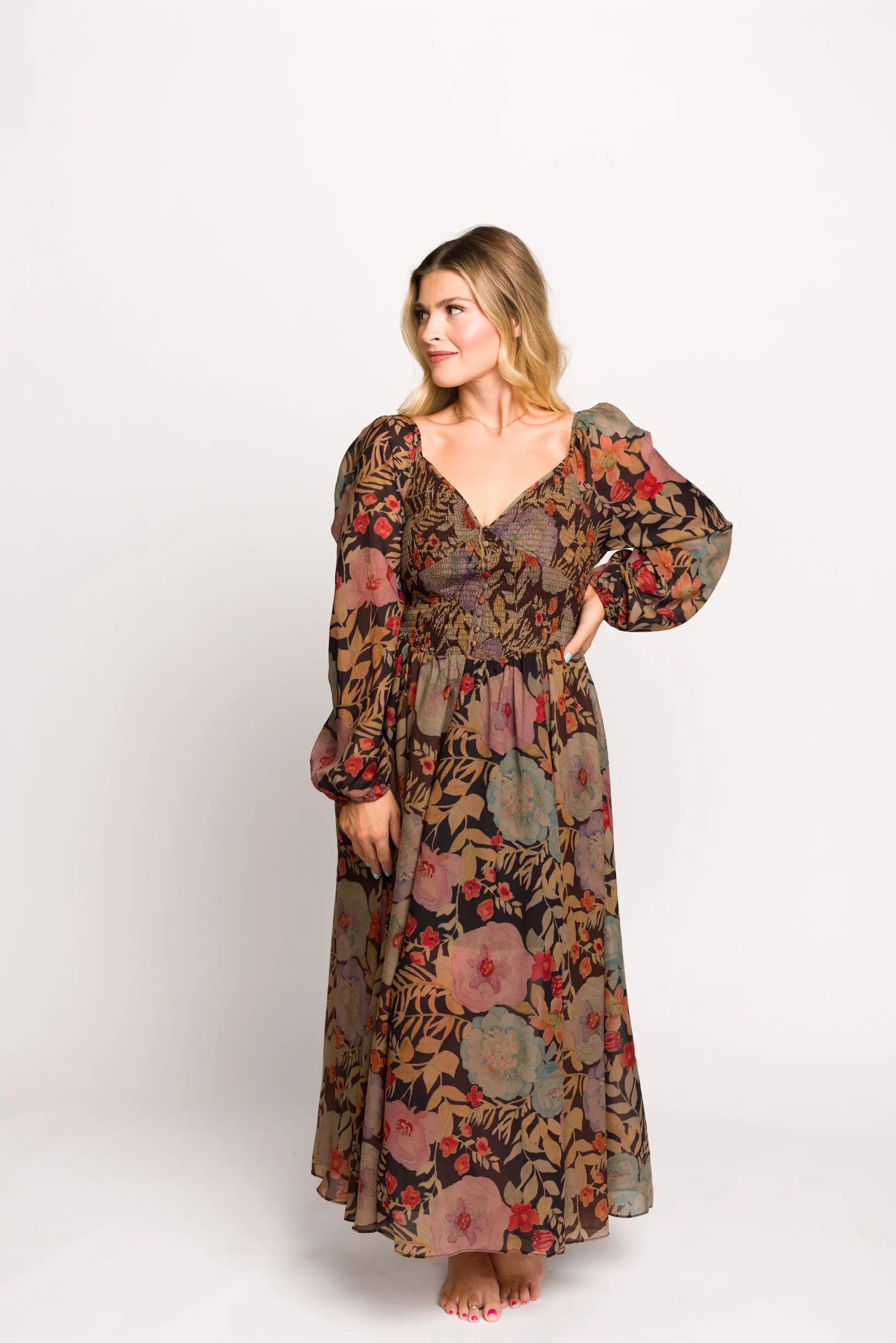 Steph Smocked Button-Front Maxi Dress in Black Floral - Final Few