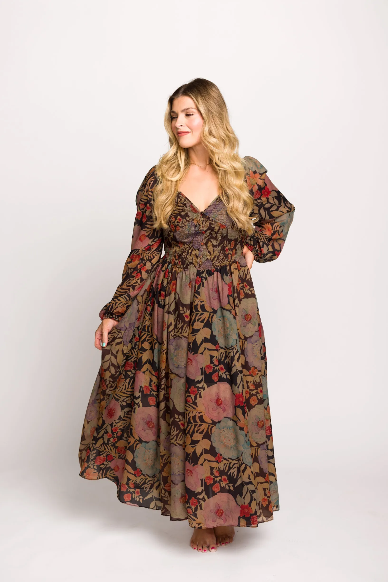 Steph Smocked Button-Front Maxi Dress in Black Floral - Final Few