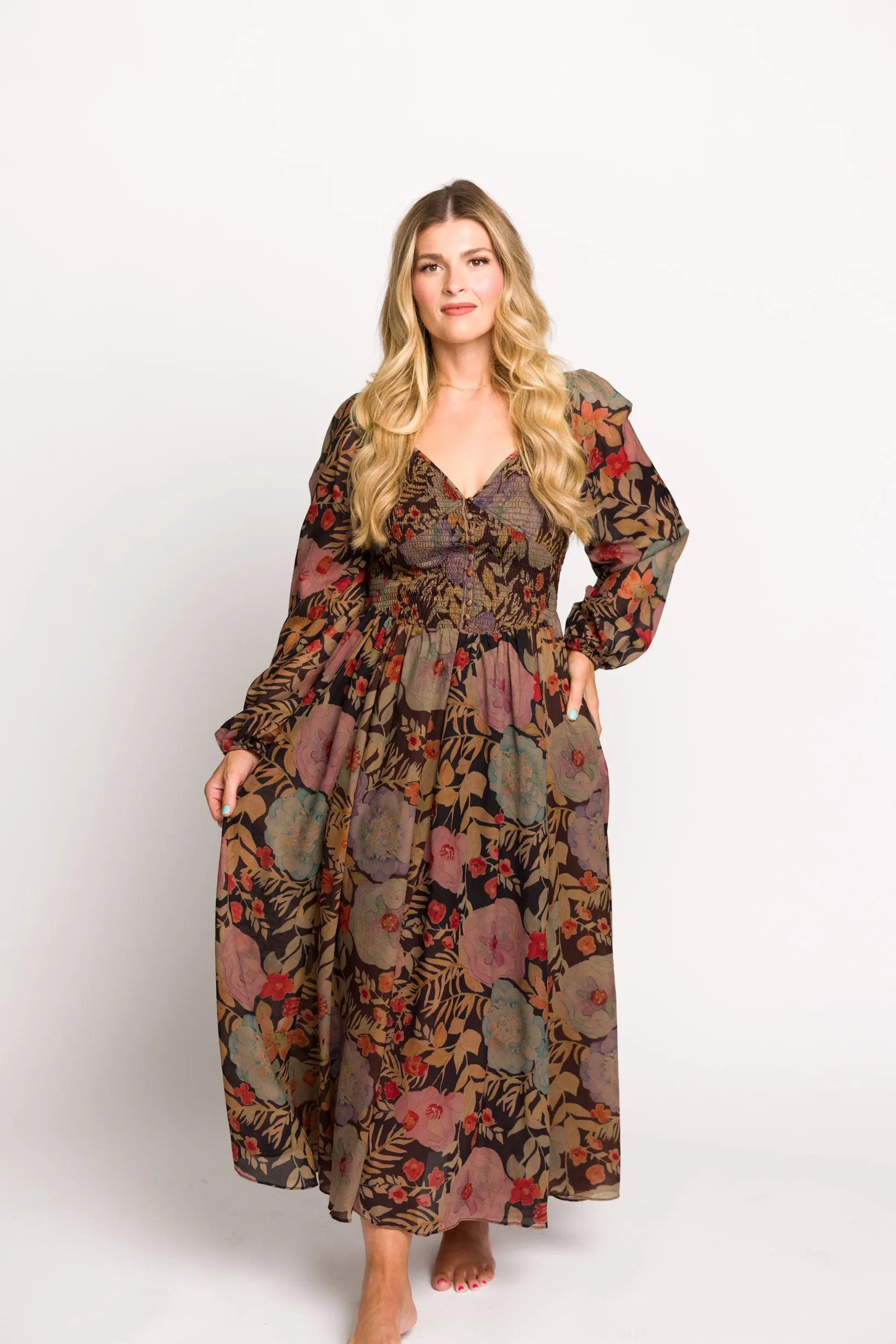 Steph Smocked Button-Front Maxi Dress in Black Floral - Final Few