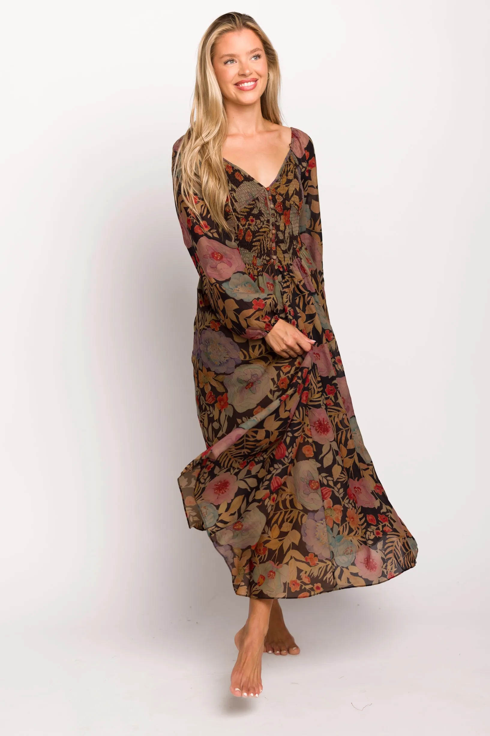 Steph Smocked Button-Front Maxi Dress in Black Floral - Final Few