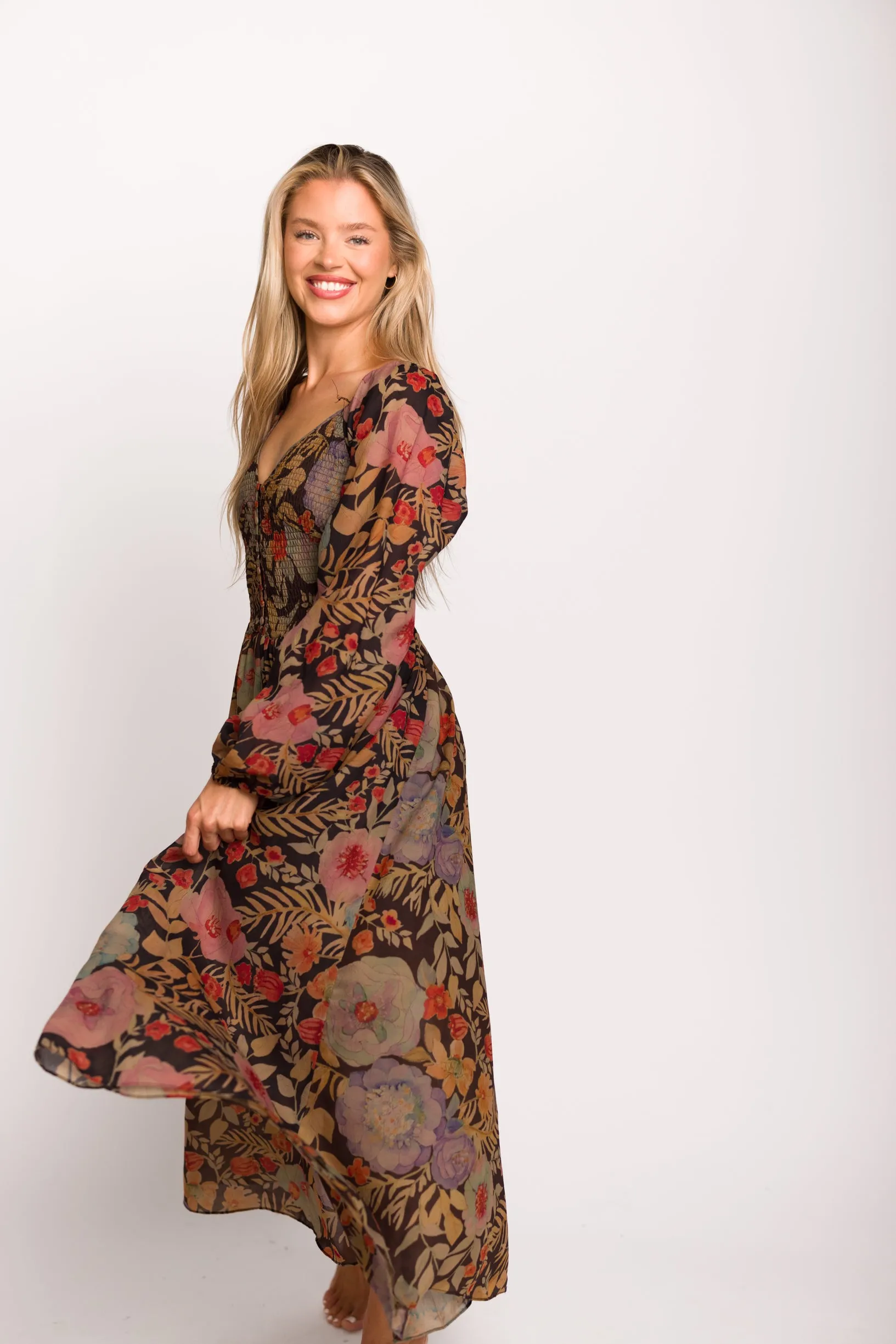 Steph Smocked Button-Front Maxi Dress in Black Floral - Final Few