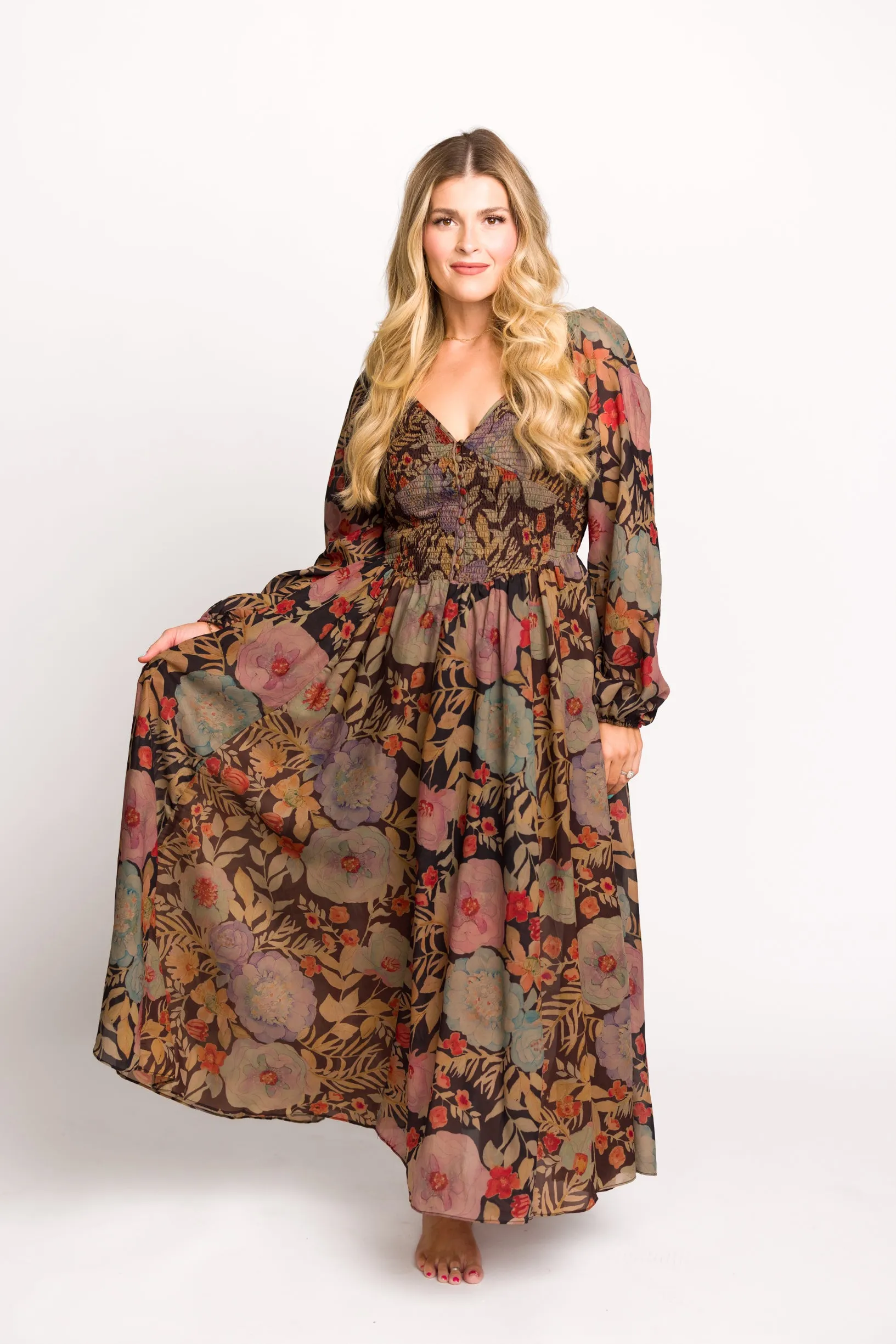 Steph Smocked Button-Front Maxi Dress in Black Floral - Final Few