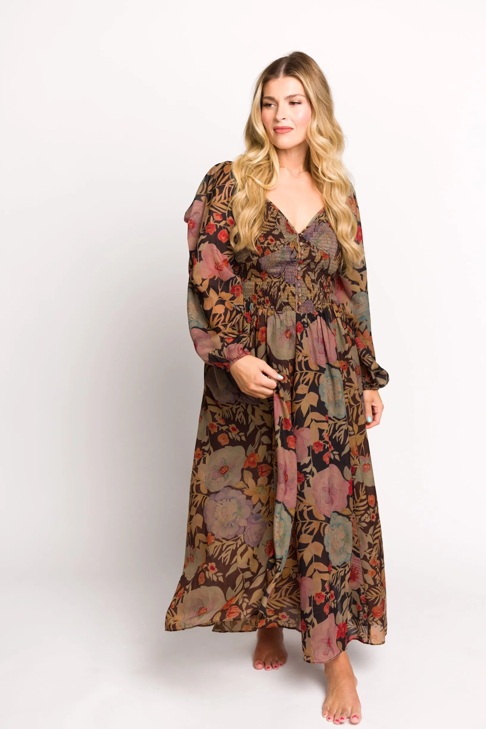 Steph Smocked Button-Front Maxi Dress in Black Floral - Final Few