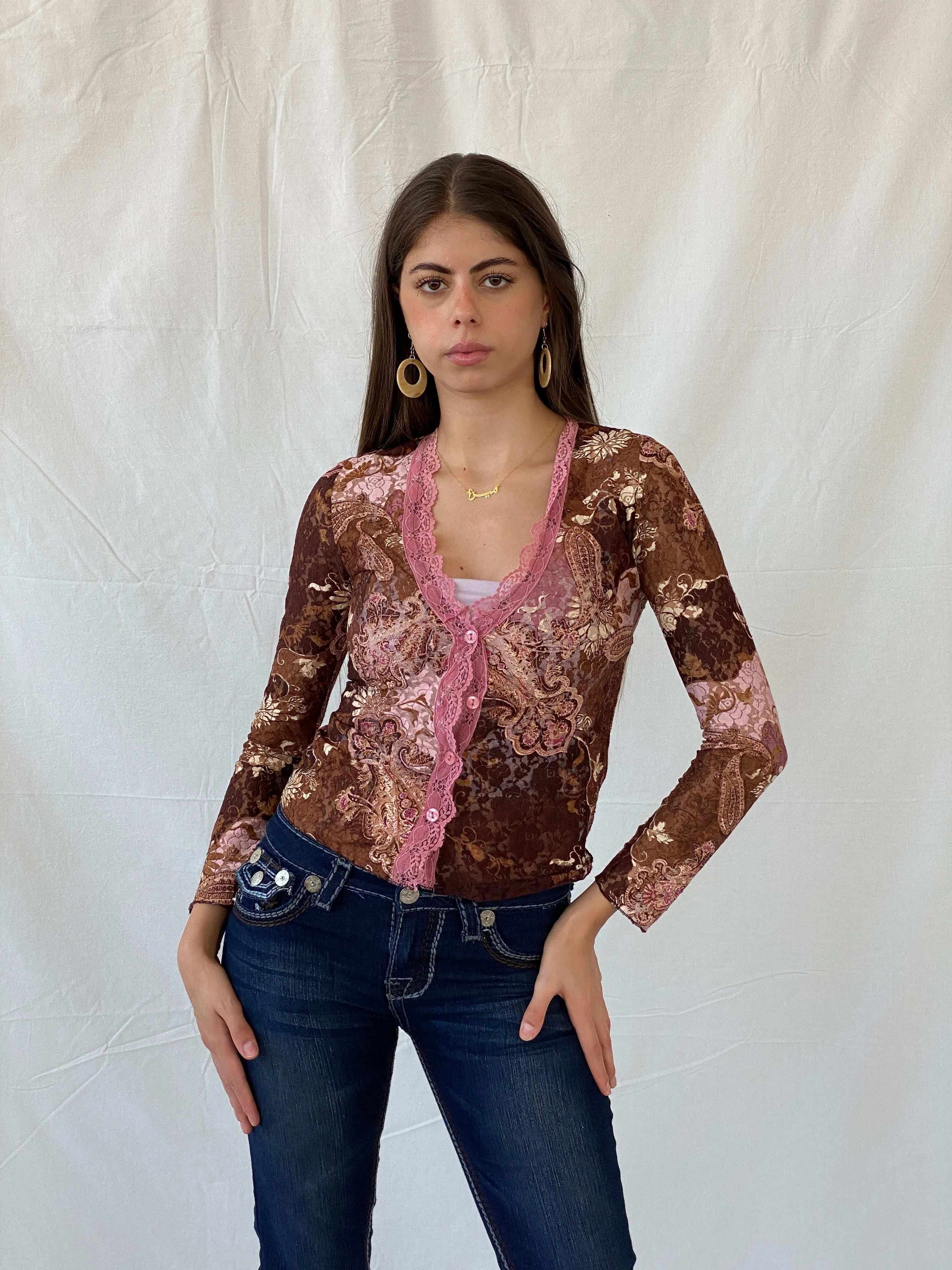 Stunning Floral Lace Button Up Brown and Pink Cardigan - S