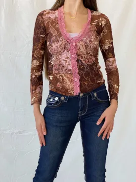 Stunning Floral Lace Button Up Brown and Pink Cardigan - S