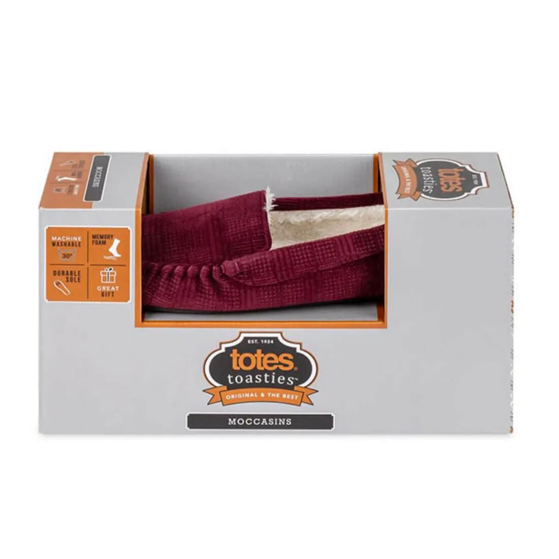 Totes Mens Velour Moccasin Slippers Sherpa Lining Comfort