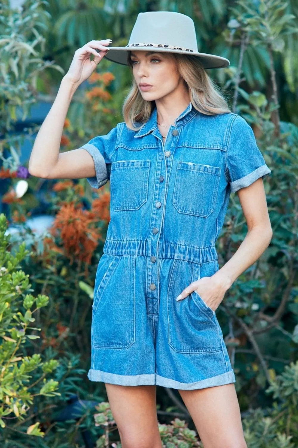 Veveret Elastic Waistband Denim Romper