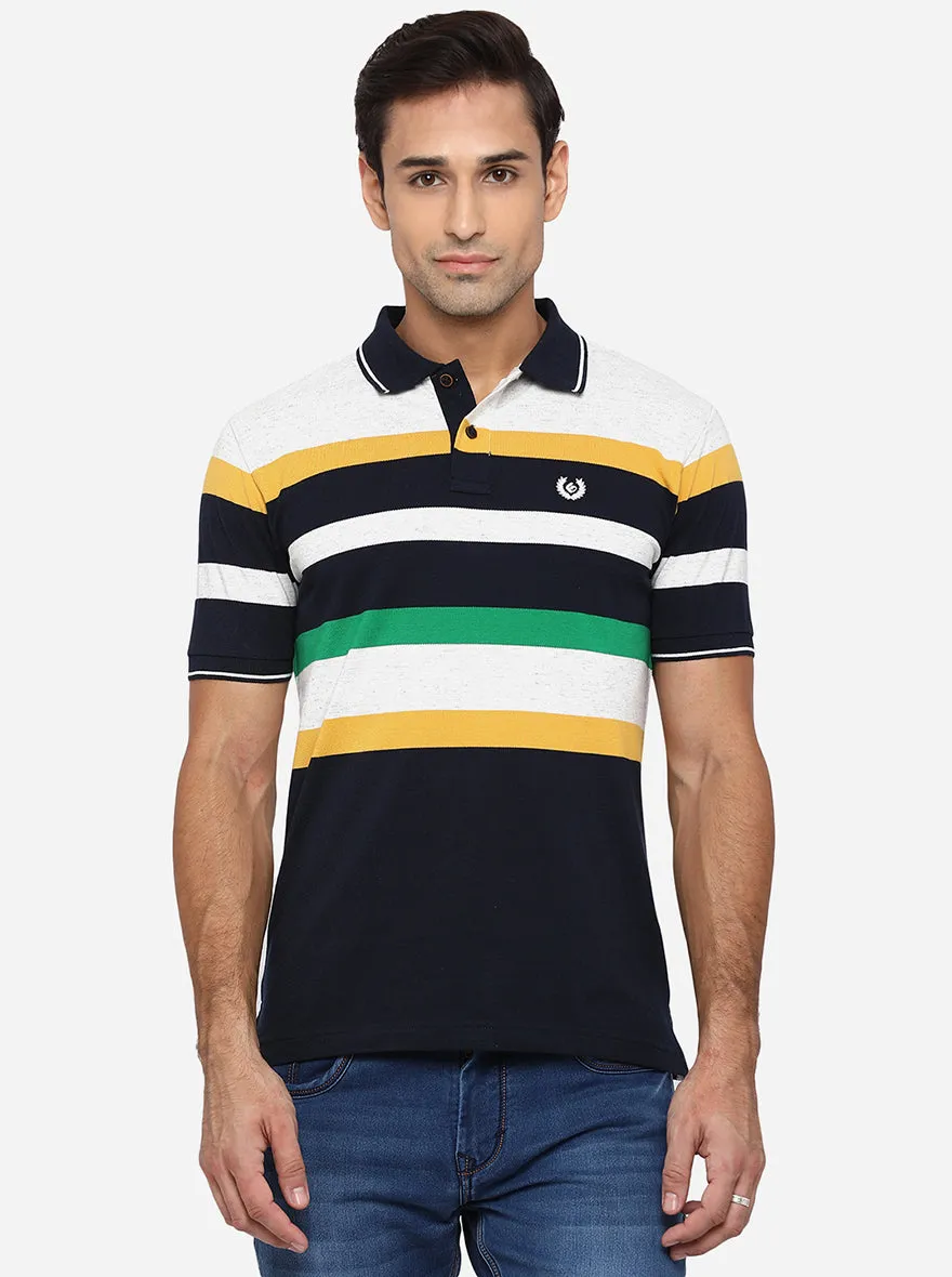 White & Peacoat Blue Striped Slim Fit Polo T-Shirt | Greenfibre