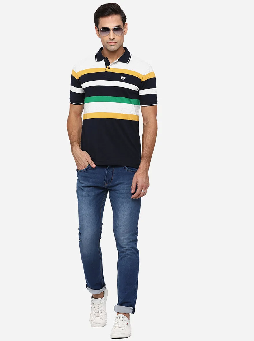 White & Peacoat Blue Striped Slim Fit Polo T-Shirt | Greenfibre