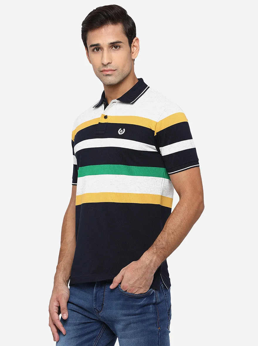 White & Peacoat Blue Striped Slim Fit Polo T-Shirt | Greenfibre