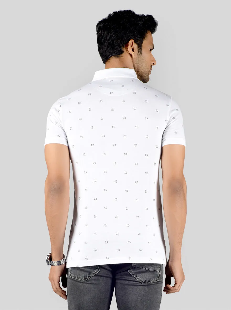 White Printed Slim Fit Polo T-shirt | JadeBlue